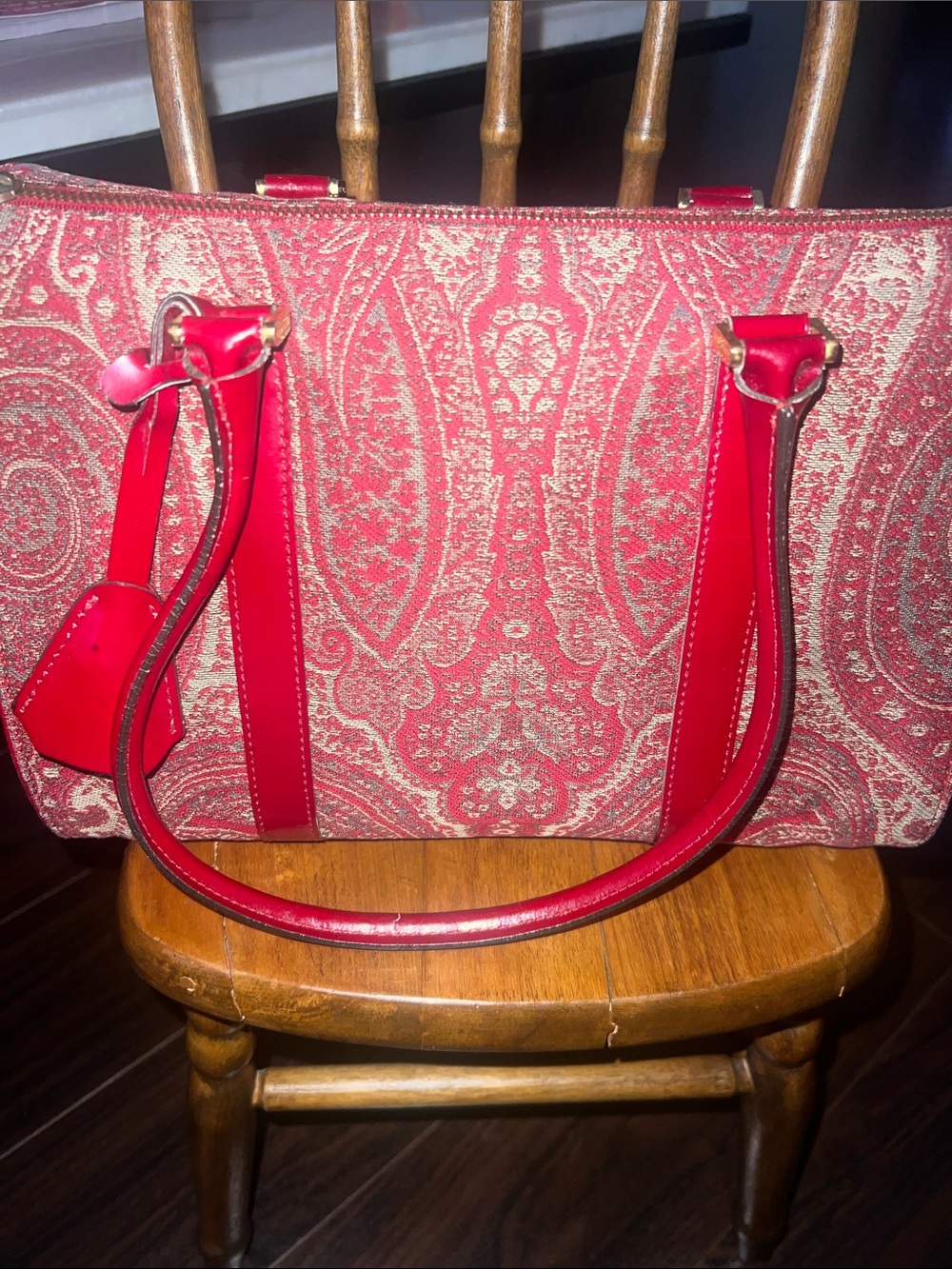 Etro Red Paisley Tote Bag with Leather Trim